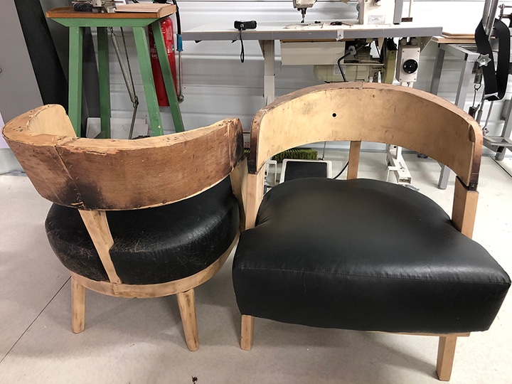 Rénovation de fauteuils avec mousse type HR 40 usinée à la forme et housse en simili